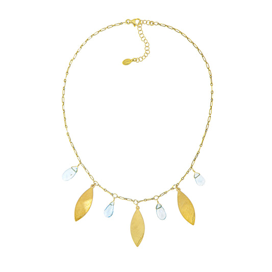 810GRLBT-Silver Yellow Shot Necklace with Light Blue Topaz Flat Dropa and Silver Hand made Satinated Drops-Yellow Gold Plated