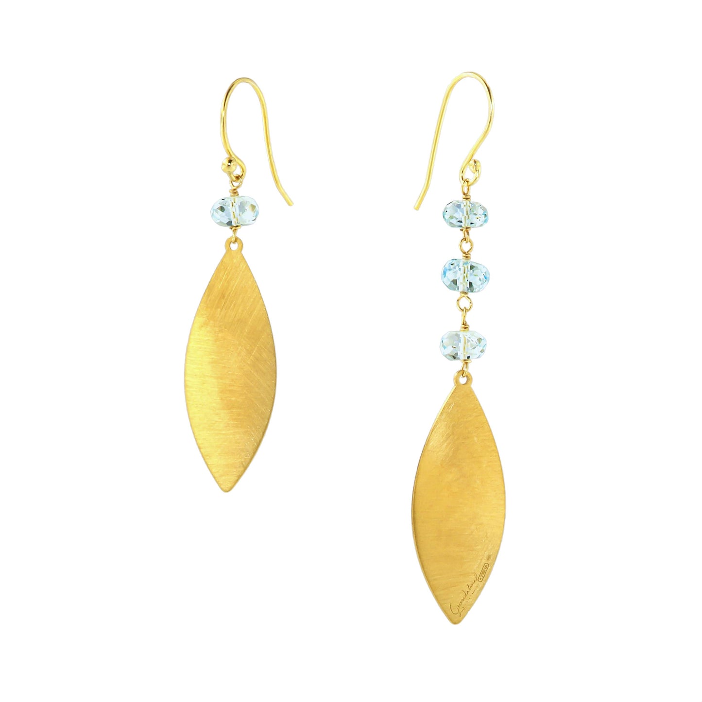 810ORLBT-Silver Yellow Gold Plated Asymmetrical Earrings with Hand made Rosary of Light Blue Topaz-Yellow Gold Plated
