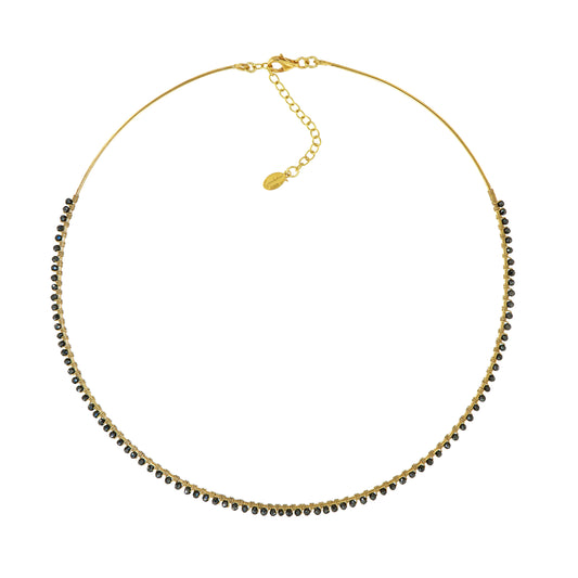 821GRS-Silver Yellow Gold Plated Necklace with Black Spinell Mounted by Hand with Silver Yellow Gold Plated Rope-Yellow Gold Plated