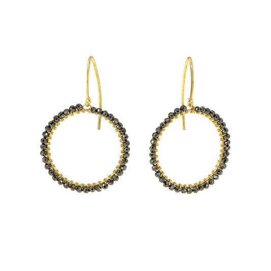 821OR-Silver Yellow Gold Plated Earringr with Black Spinell Mounted by Hand with Silver Yellow Gold Plated Rope-Yellow Gold Plated