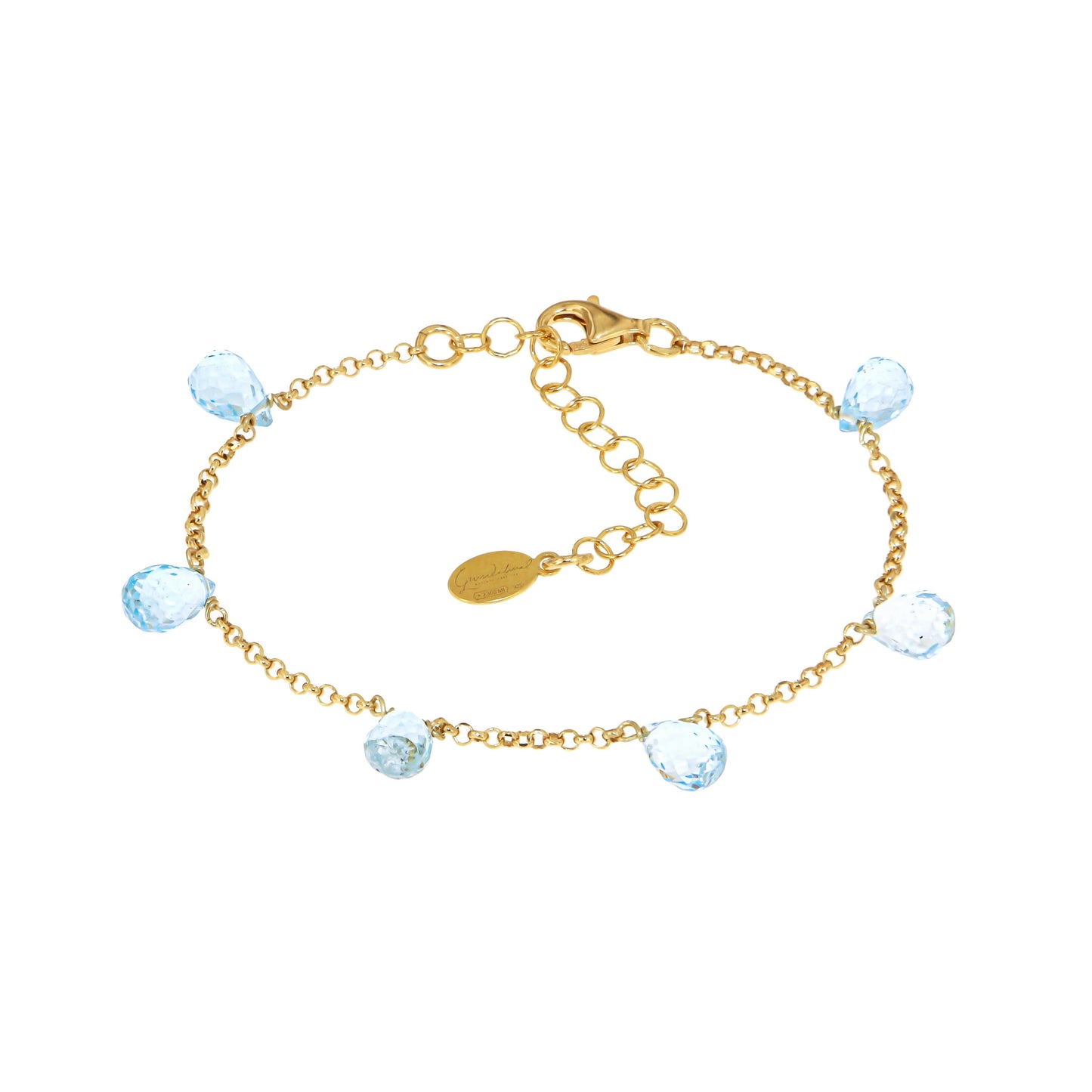 830BRLBT-Silver Yellow Gold Plated Bracelet with Briolet Drops of Light Blue Topaz-Yellow Gold Plated