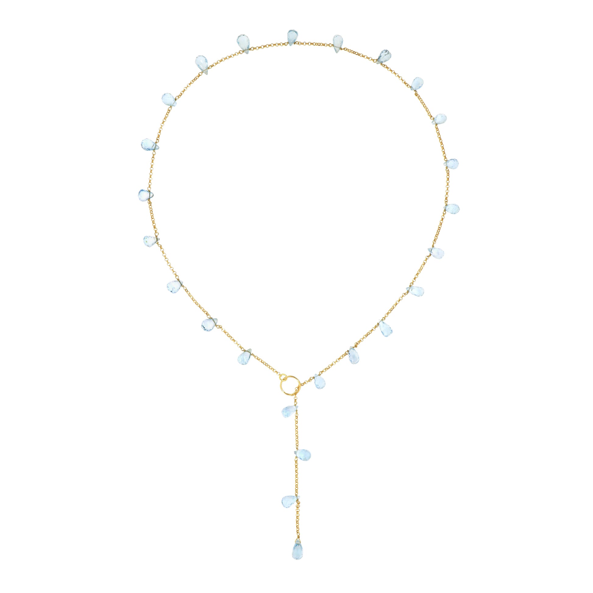 830COLBT-Silver Yellow Gold Plated Necklace with Briolet Drops of Light Blue Topaz that you can Adjust as you Like-Yellow Gold Plated