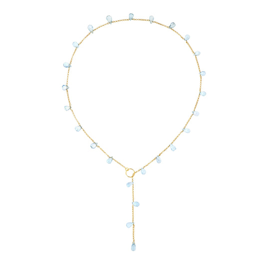 830COLBT-Silver Yellow Gold Plated Necklace with Briolet Drops of Light Blue Topaz that you can Adjust as you Like-Yellow Gold Plated
