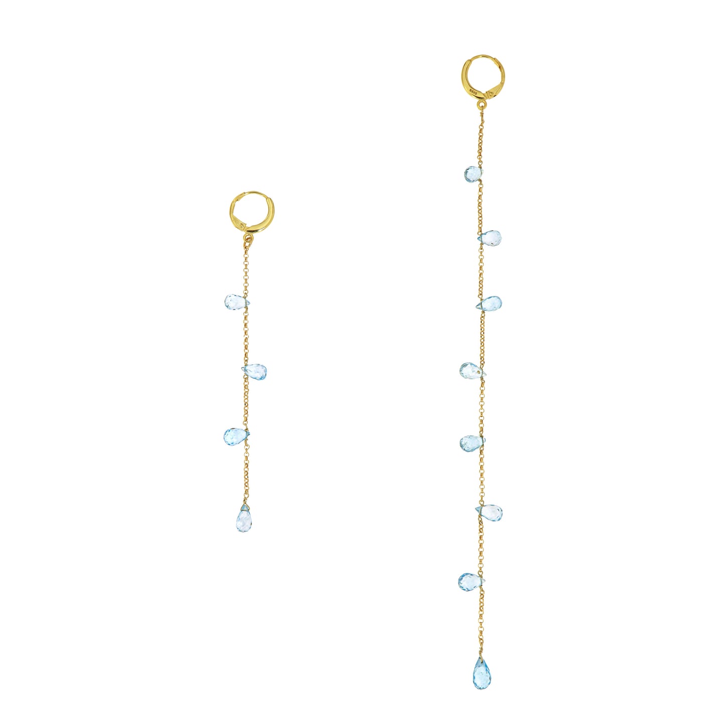 830ORLBT-Silver Yellow Gold Plated Earrings with Briolet Drops of Light Blue Topaz, one Piece Longer (8 Stones) while the other Shorte (4 Stones)-Yellow Gold Plated
