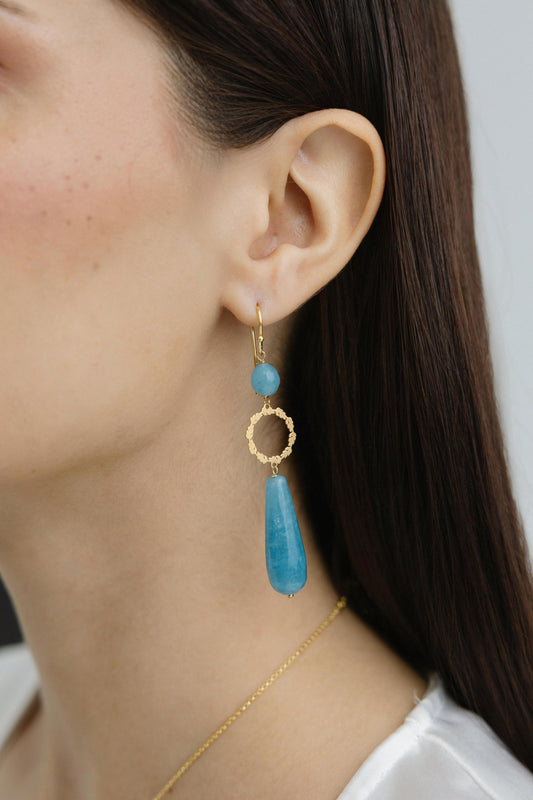 859ORAN-Silver Yellow Gold Plated Earrings with Sem Precious Stones-Silver Yellow Gold Plated