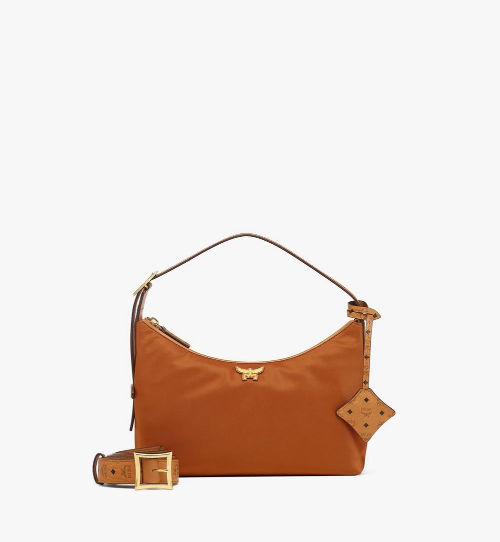MWHFSTA09CO001-Aren Hobo in Recycled Nylon and Monogram Print Leather|COGNAC