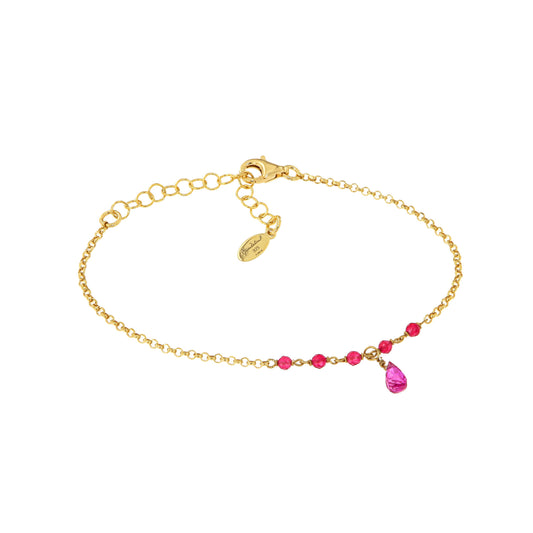 BRROSF-Silver Yellow Gold Plated Bracelet with Semi Precious Stones: Fucsia-Yellow Gold Plated