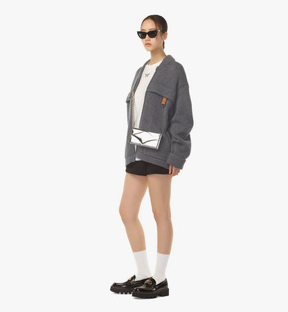 MYLEAAK02SV001-Diamond Chain Wallet in Metallic Mirror Leather|SILVER