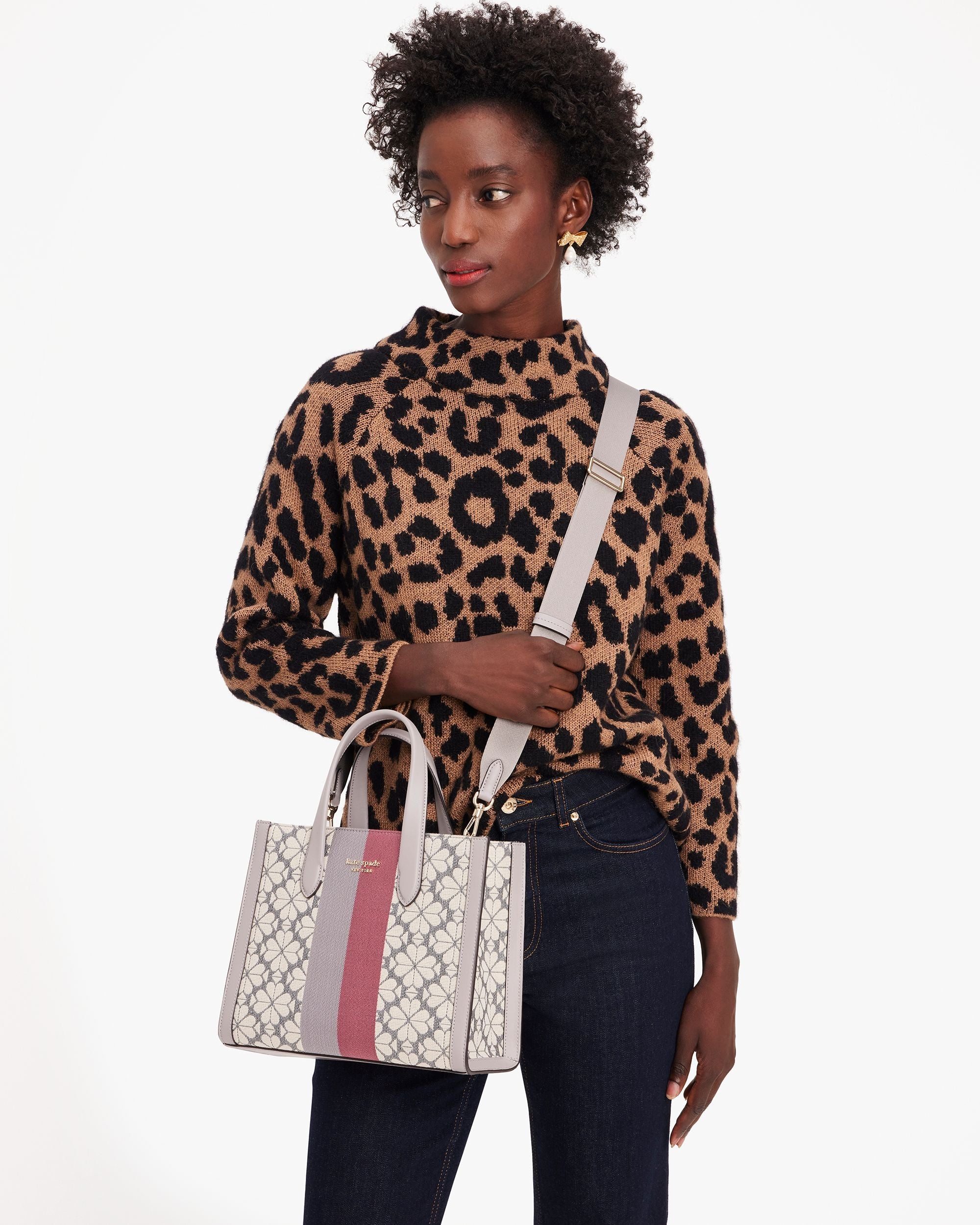 K6840-spade flower jacquard stripe manhattan small tote-Grey Multi