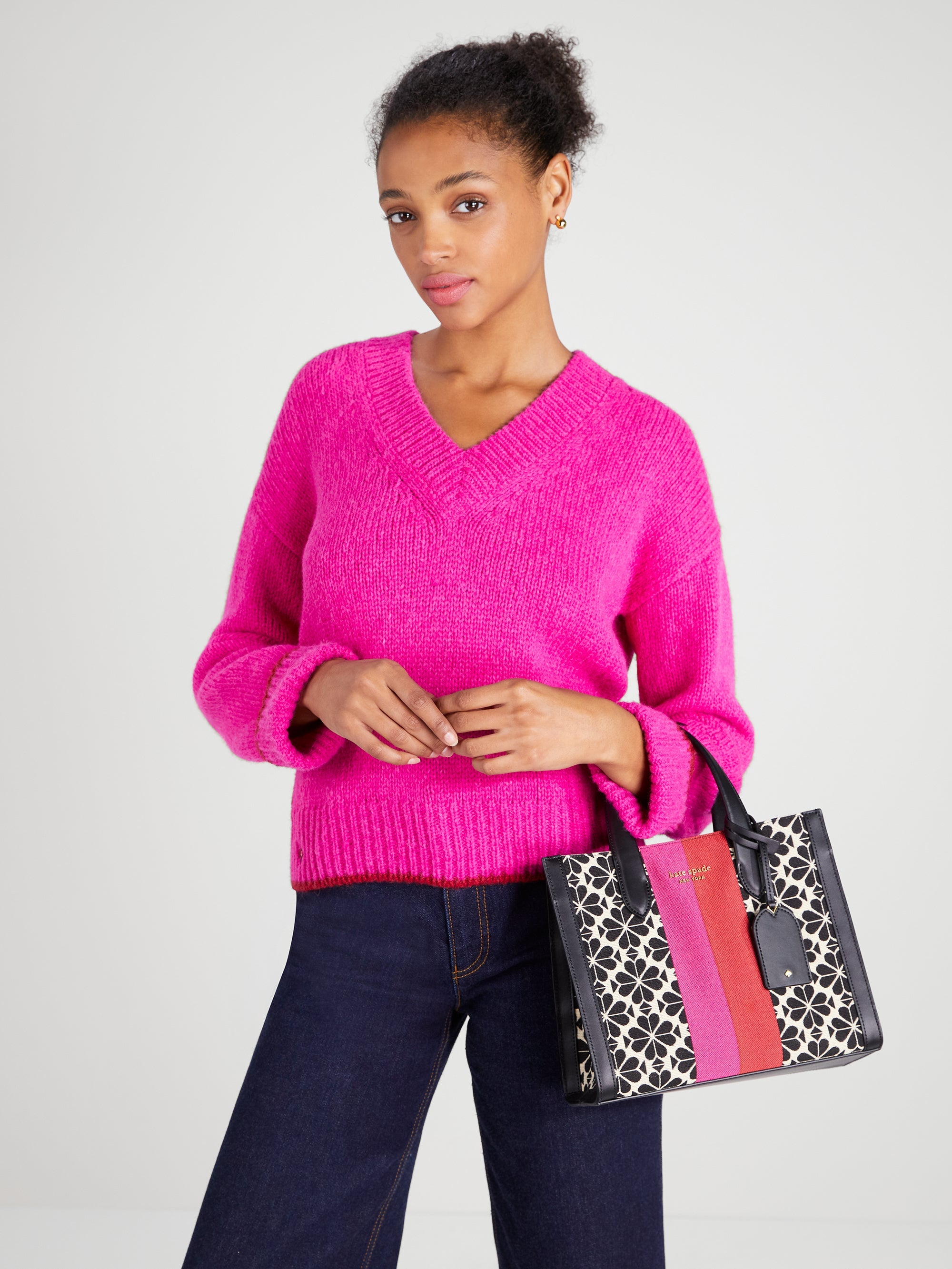 K6840-spade flower jacquard stripe manhattan small tote-Cream Multi