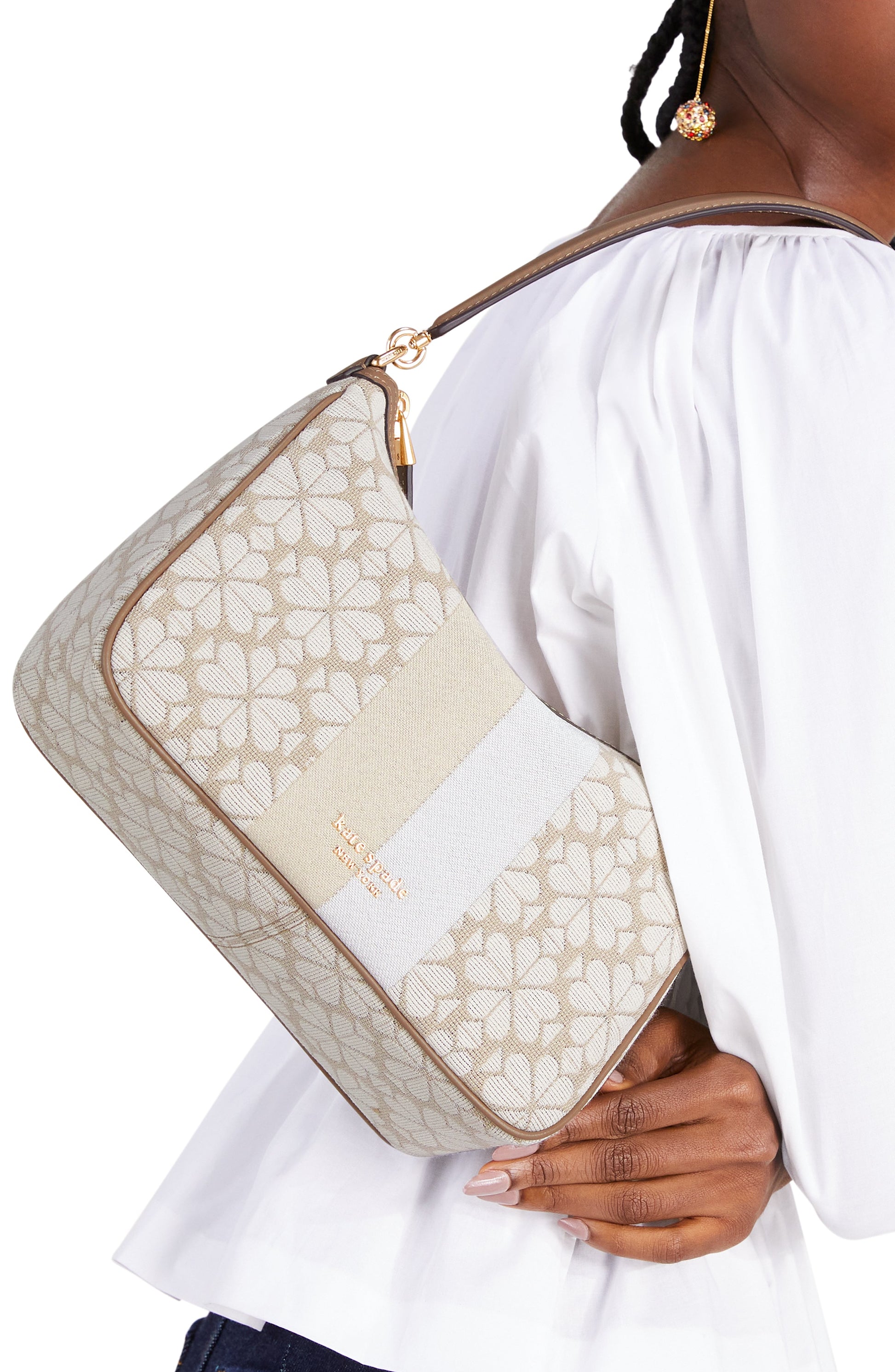 K9033-spade flower jacquard stripe sam small convertible shoulder bag-Natural Multi