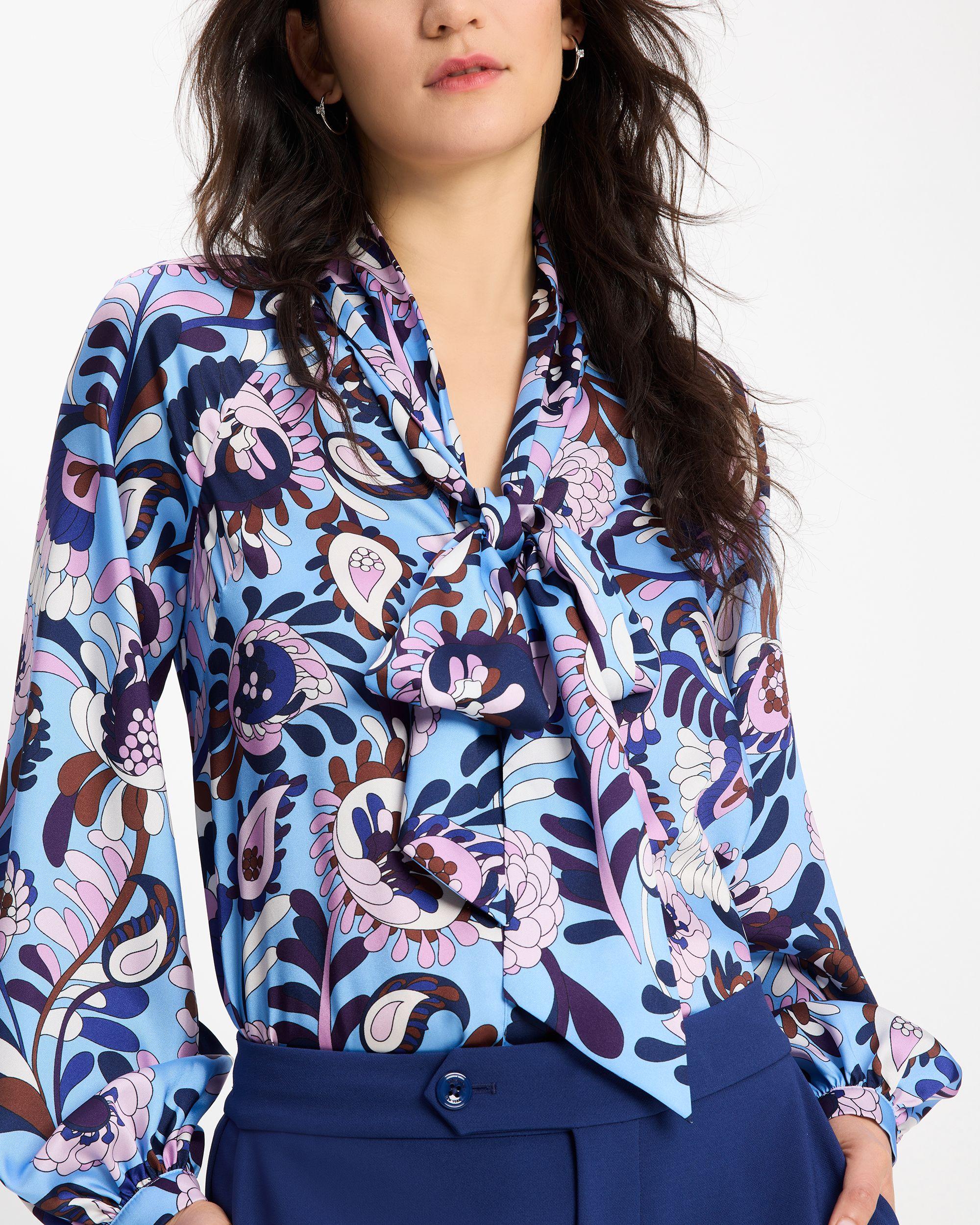 KG922-Autumn Paisley Tie-neck Shirt-Astral Blue Multi