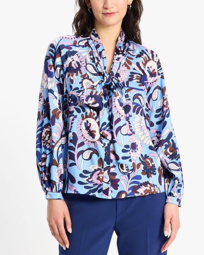 KG922-Autumn Paisley Tie-neck Shirt-Astral Blue Multi