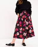 KI286-Fall Poppies Midi Skirt-Black