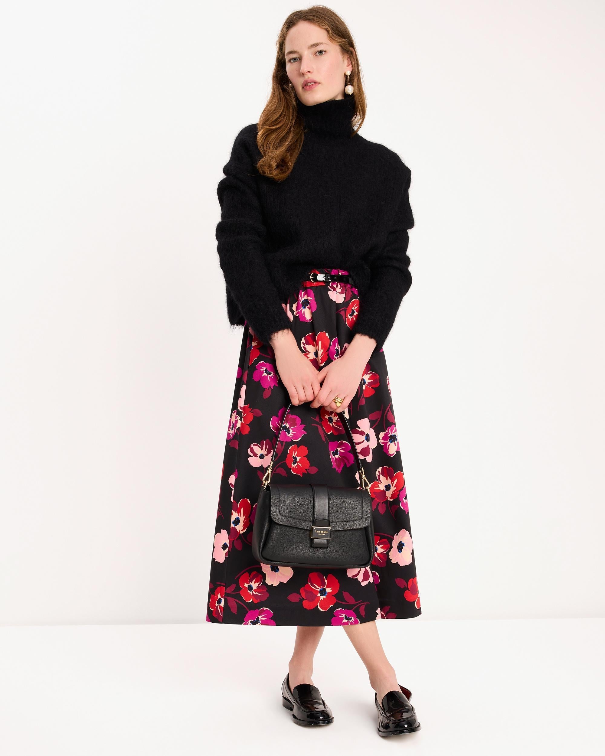 KI286-Fall Poppies Midi Skirt-Black