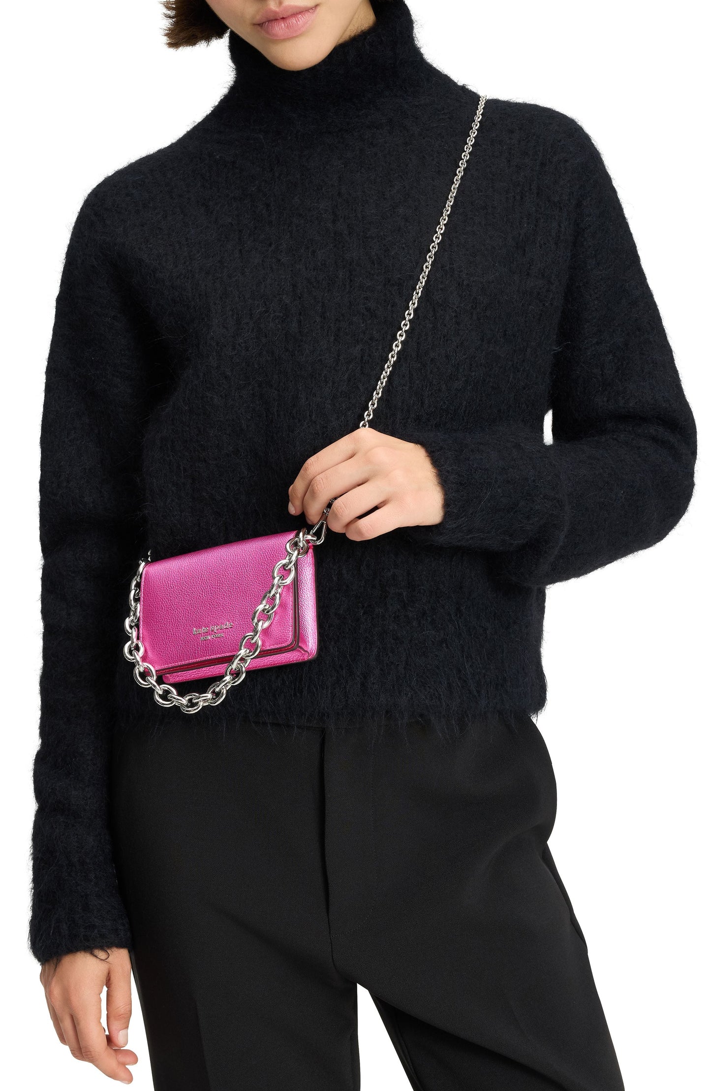 Natasha Metallic Pebbled Leather Chain Card Case Crossbody