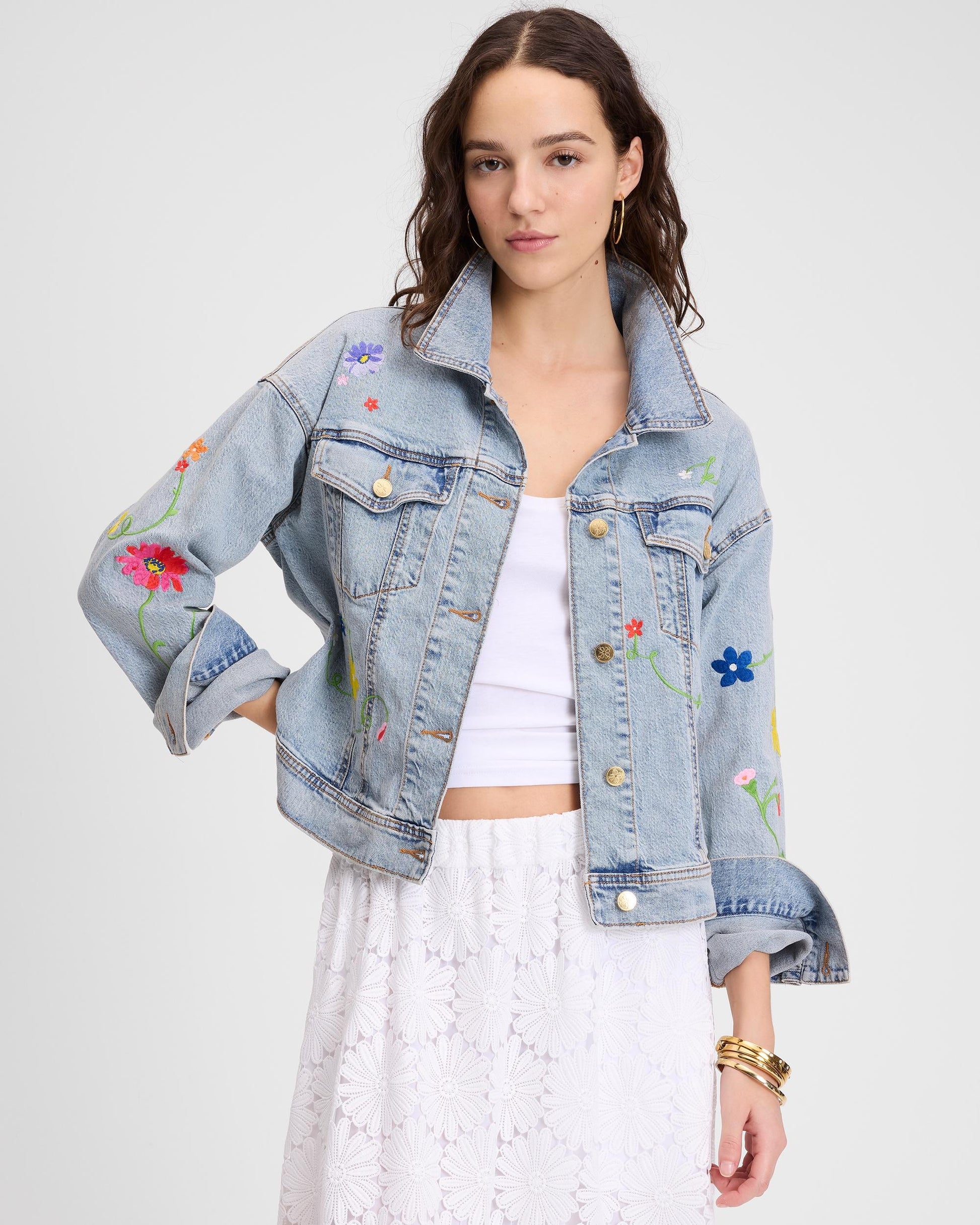KL188-Floral Embroidered Denim Jacket-Indigo Denim