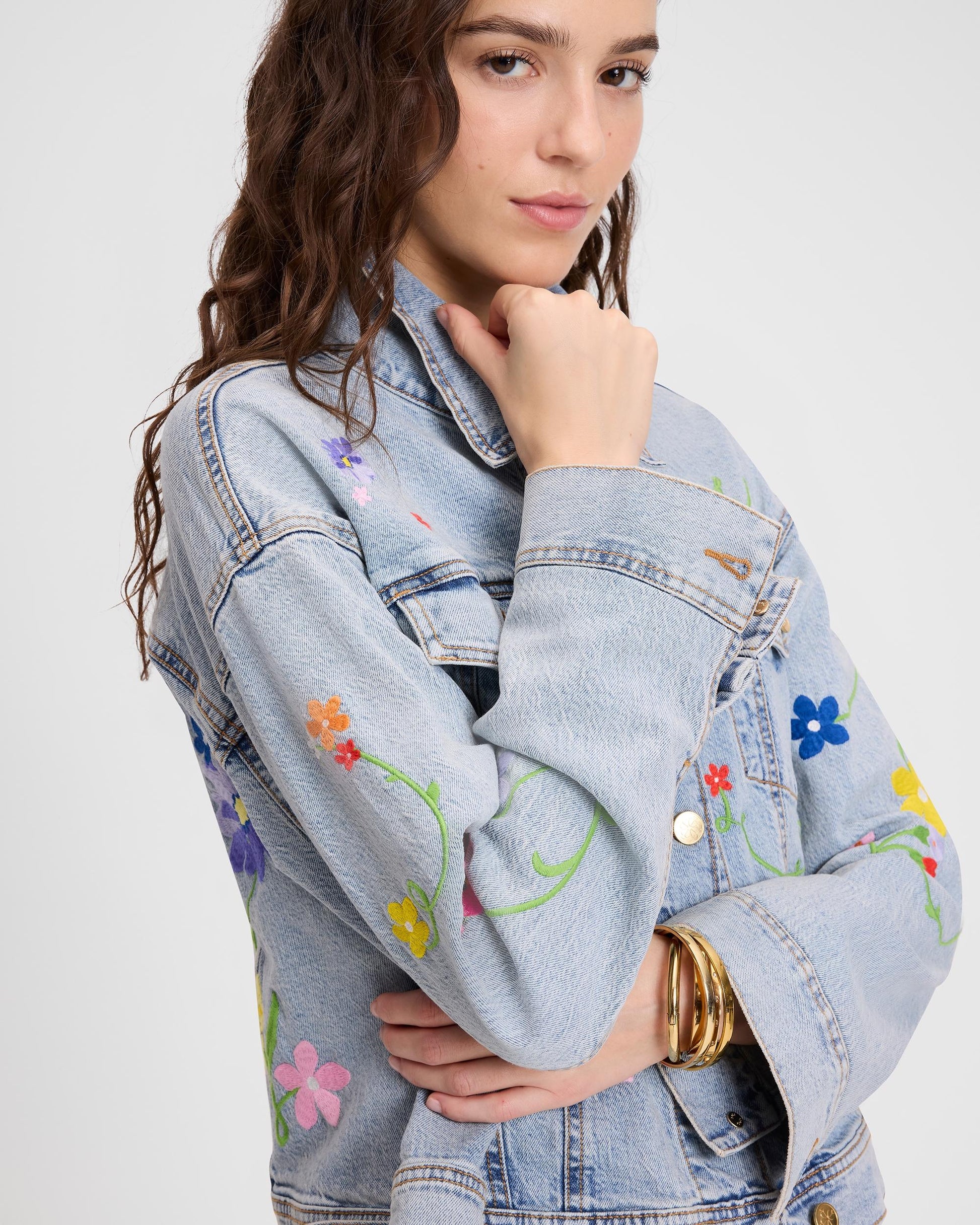 KL188-Floral Embroidered Denim Jacket-Indigo Denim