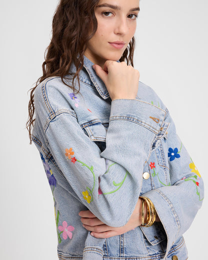KL188-Floral Embroidered Denim Jacket-Indigo Denim