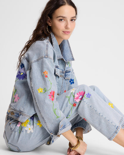 KL188-Floral Embroidered Denim Jacket-Indigo Denim