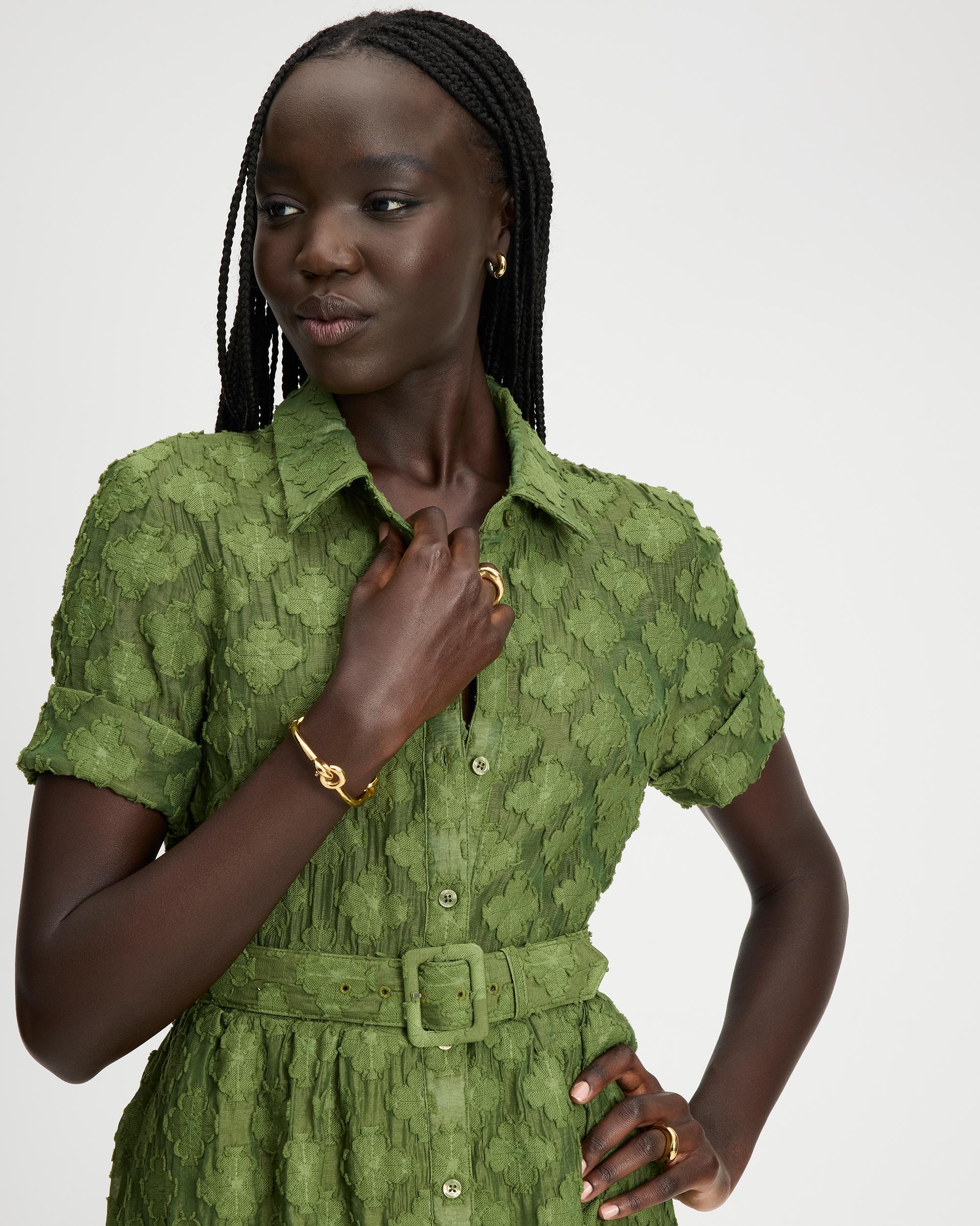 KL691-Belted Midi Shirt Dress-Fairytale Green