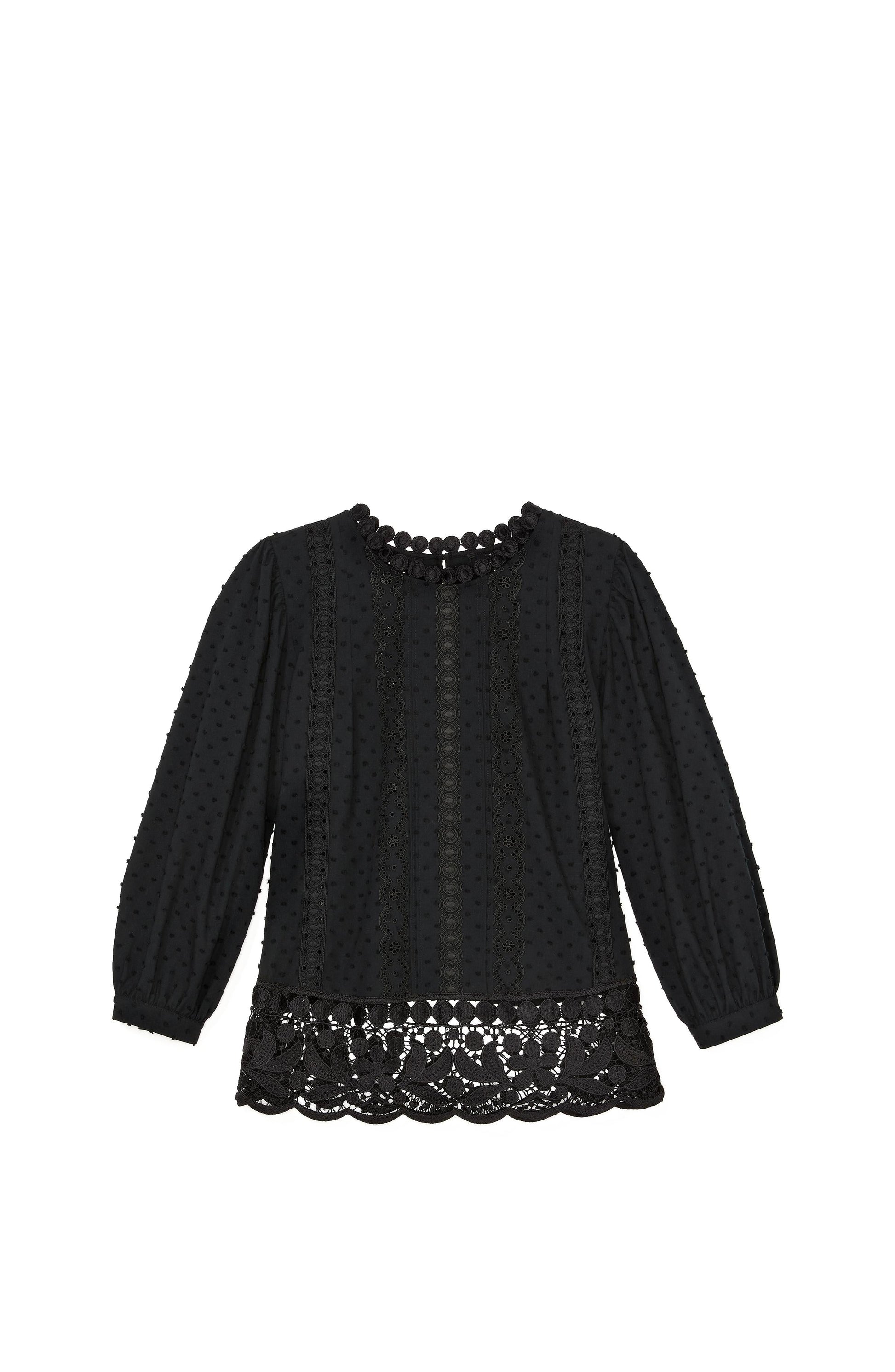 KL702-Guipure Lace Trim Blouse-Black