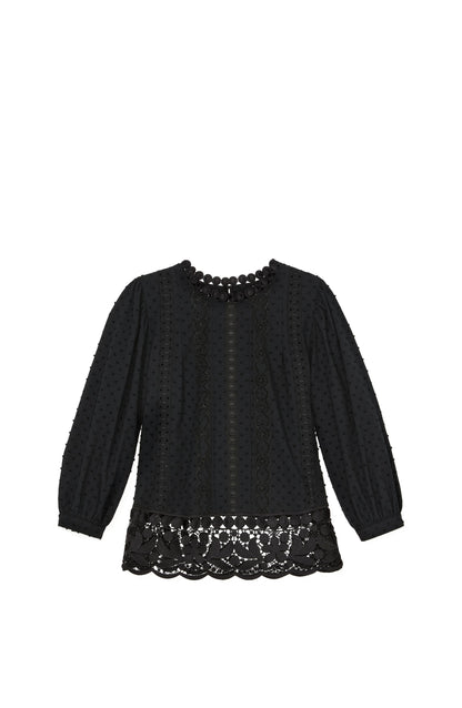 KL702-Guipure Lace Trim Blouse-Black