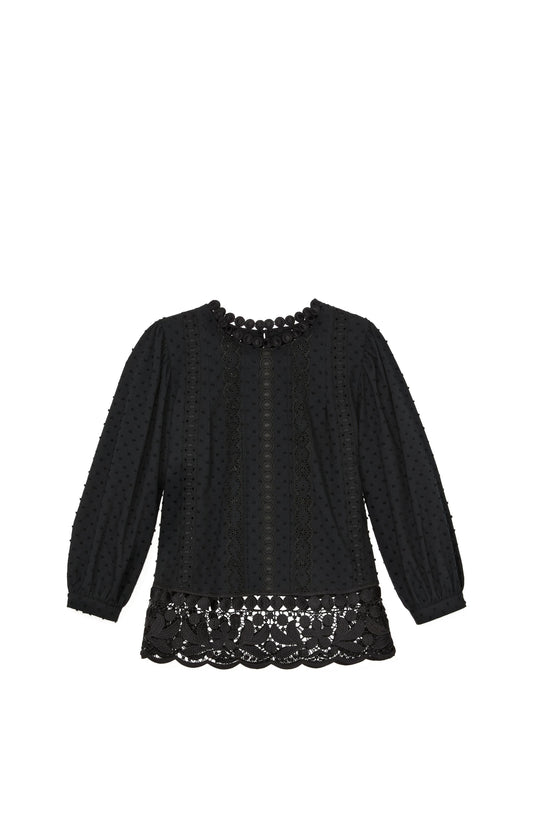 KL702-Guipure Lace Trim Blouse-Black