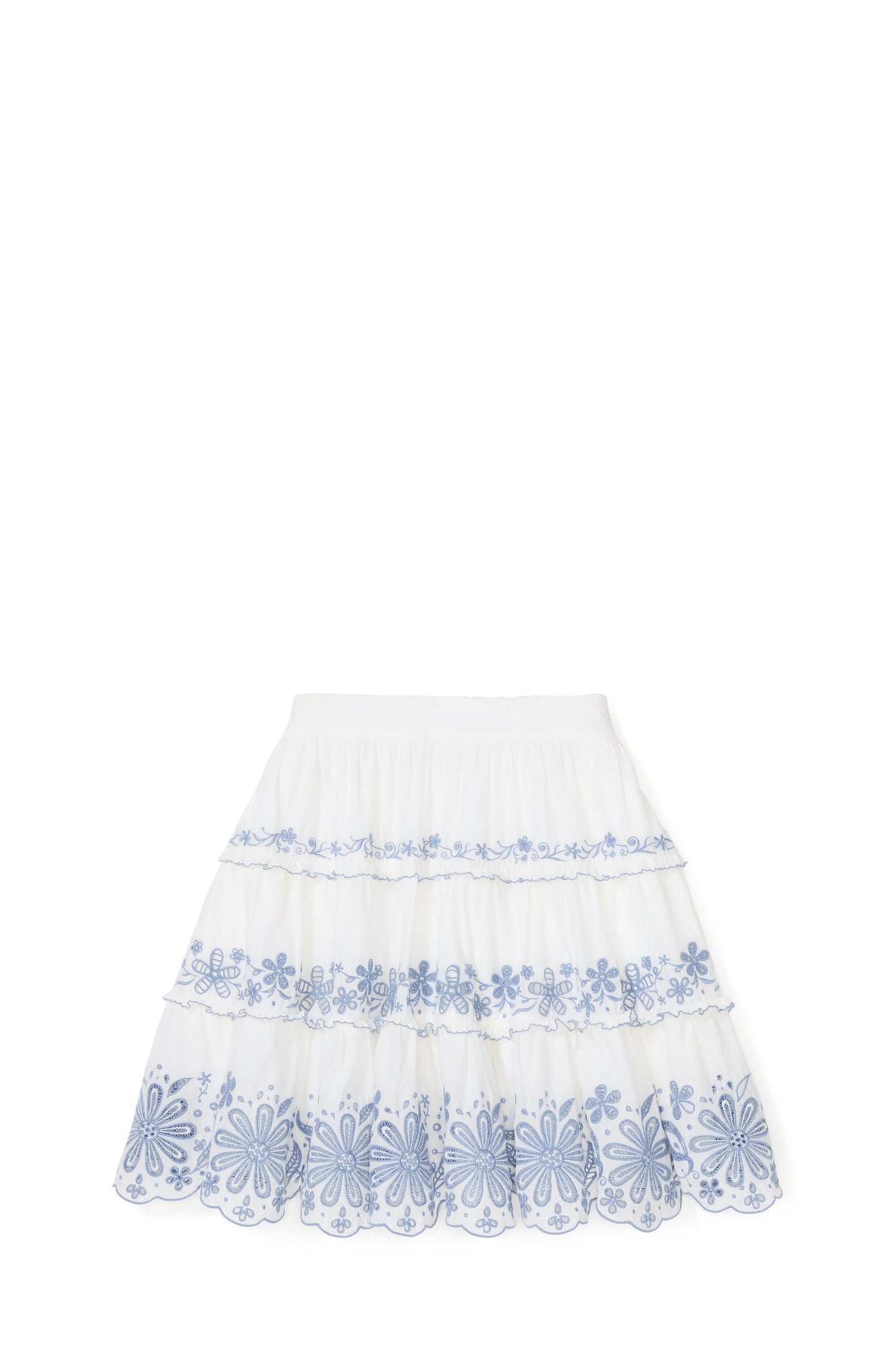KL708-Floral Embroidered Tiered Mini Skirt-Fresh White/Diamond