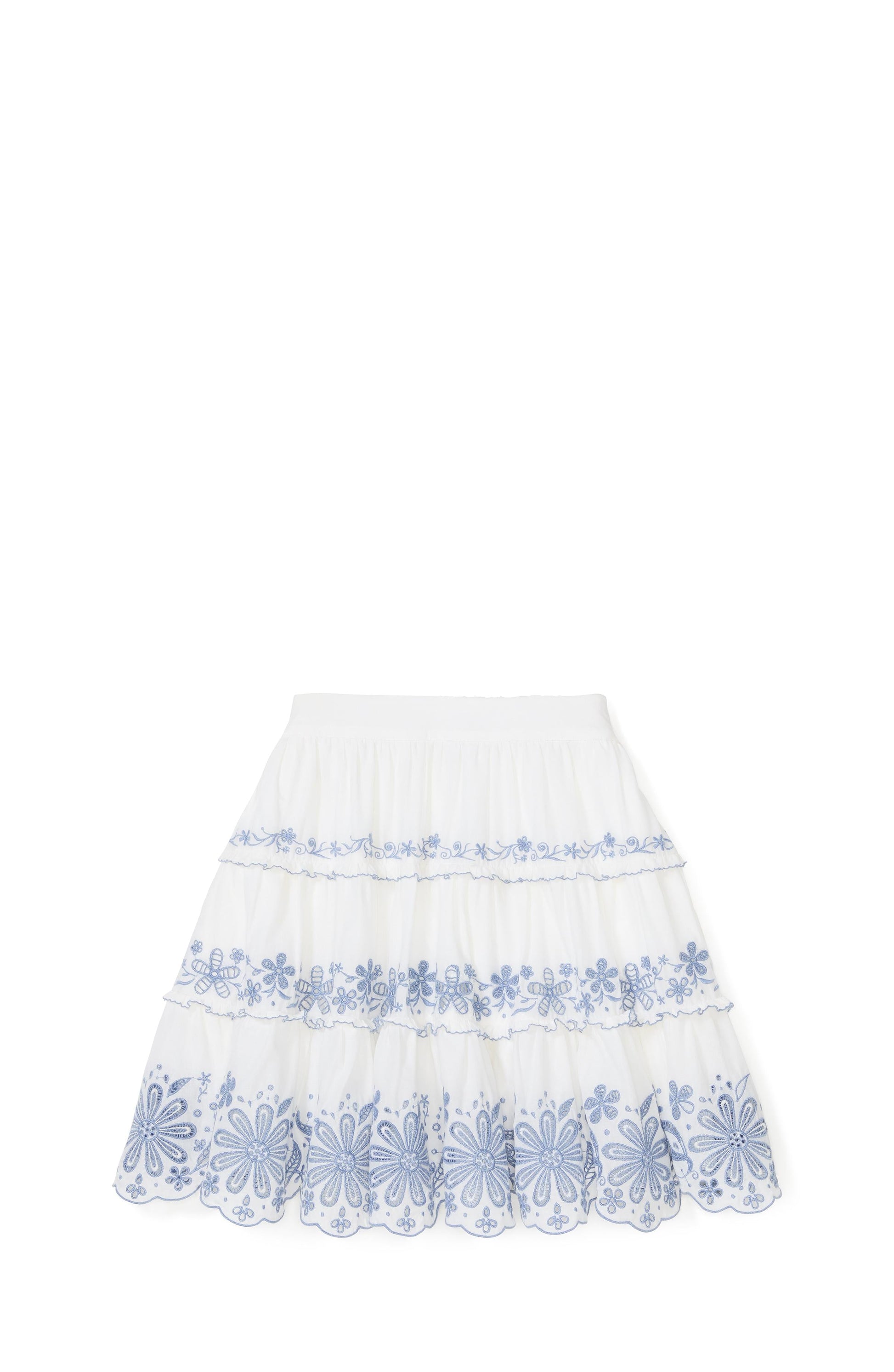 KL708-Floral Embroidered Tiered Mini Skirt-Fresh White/Diamond