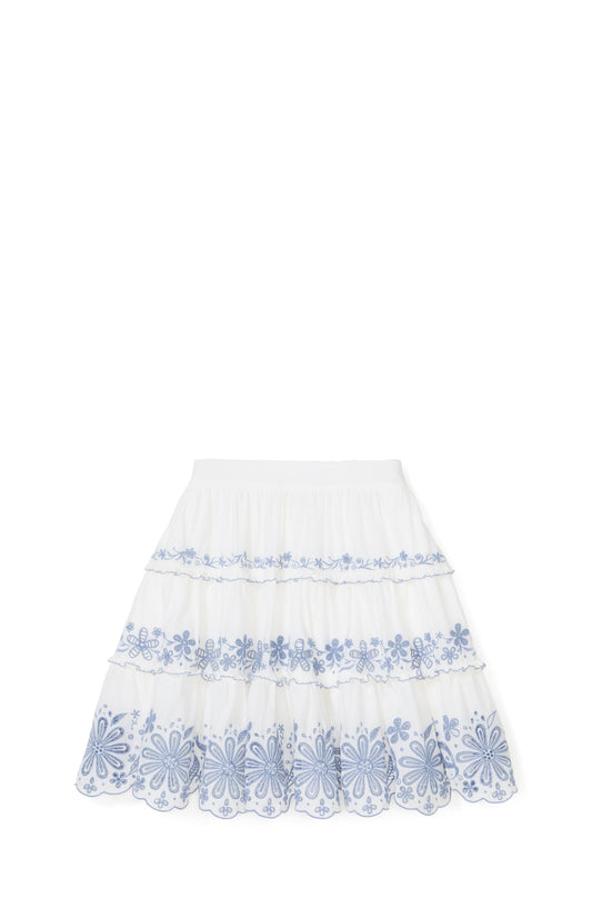 KL708-Floral Embroidered Tiered Mini Skirt-Fresh White/Diamond