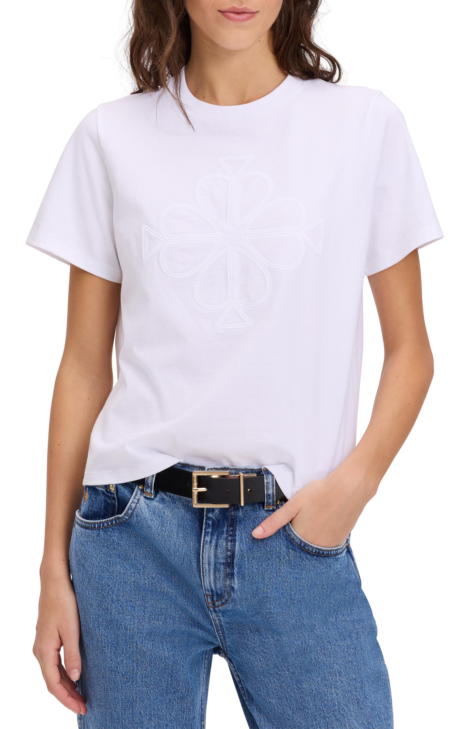 KL715-Embroidered Spade Flower Logo Tee-Fresh White