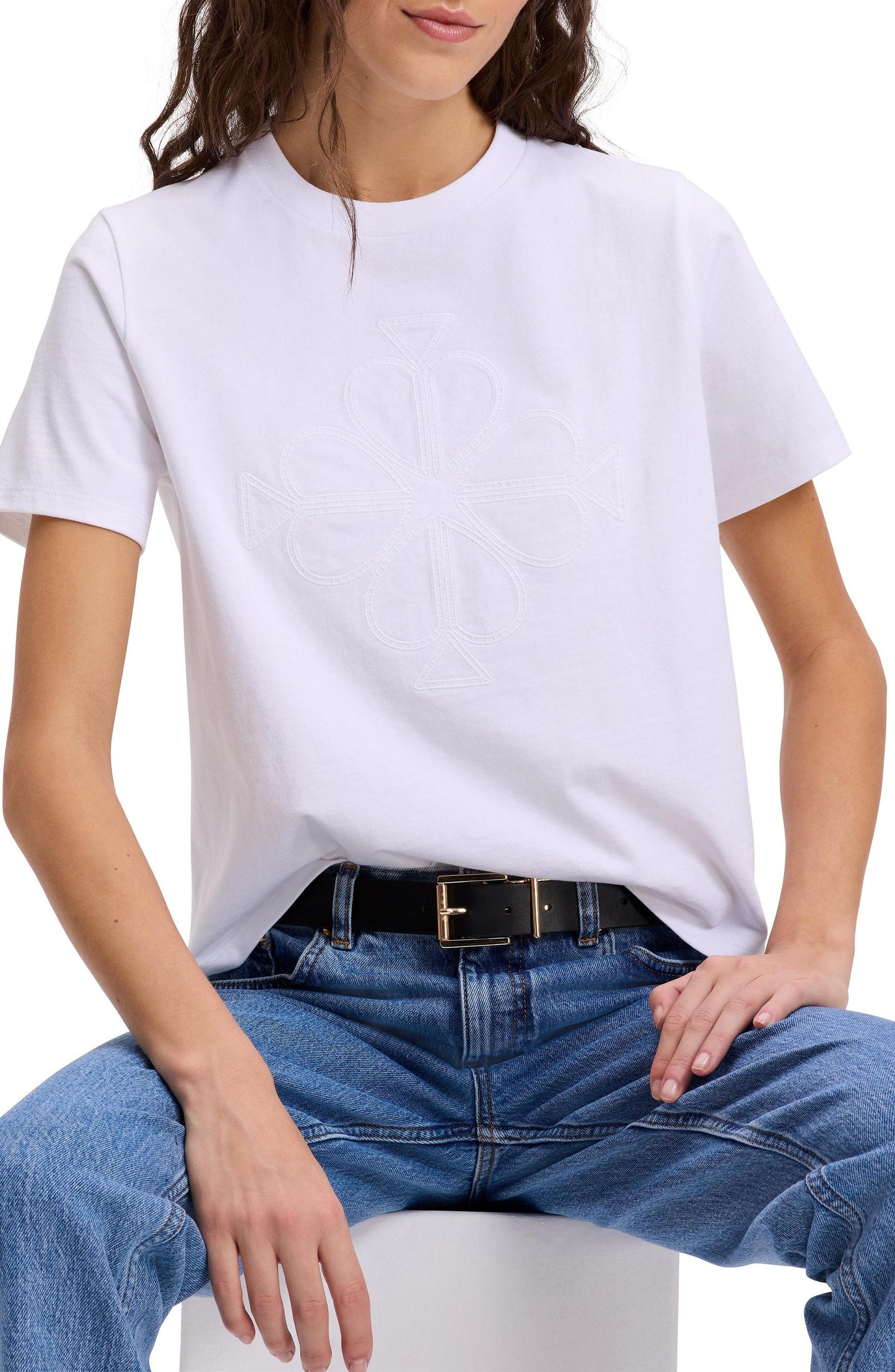 KL715-Embroidered Spade Flower Logo Tee-Fresh White
