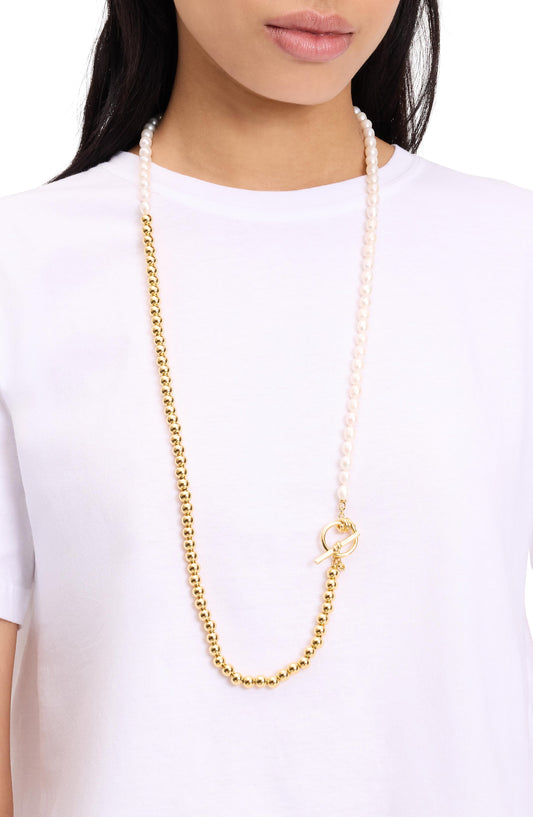 KM004-Ropes & Knots Long Toggle Necklace-Cream/Gold