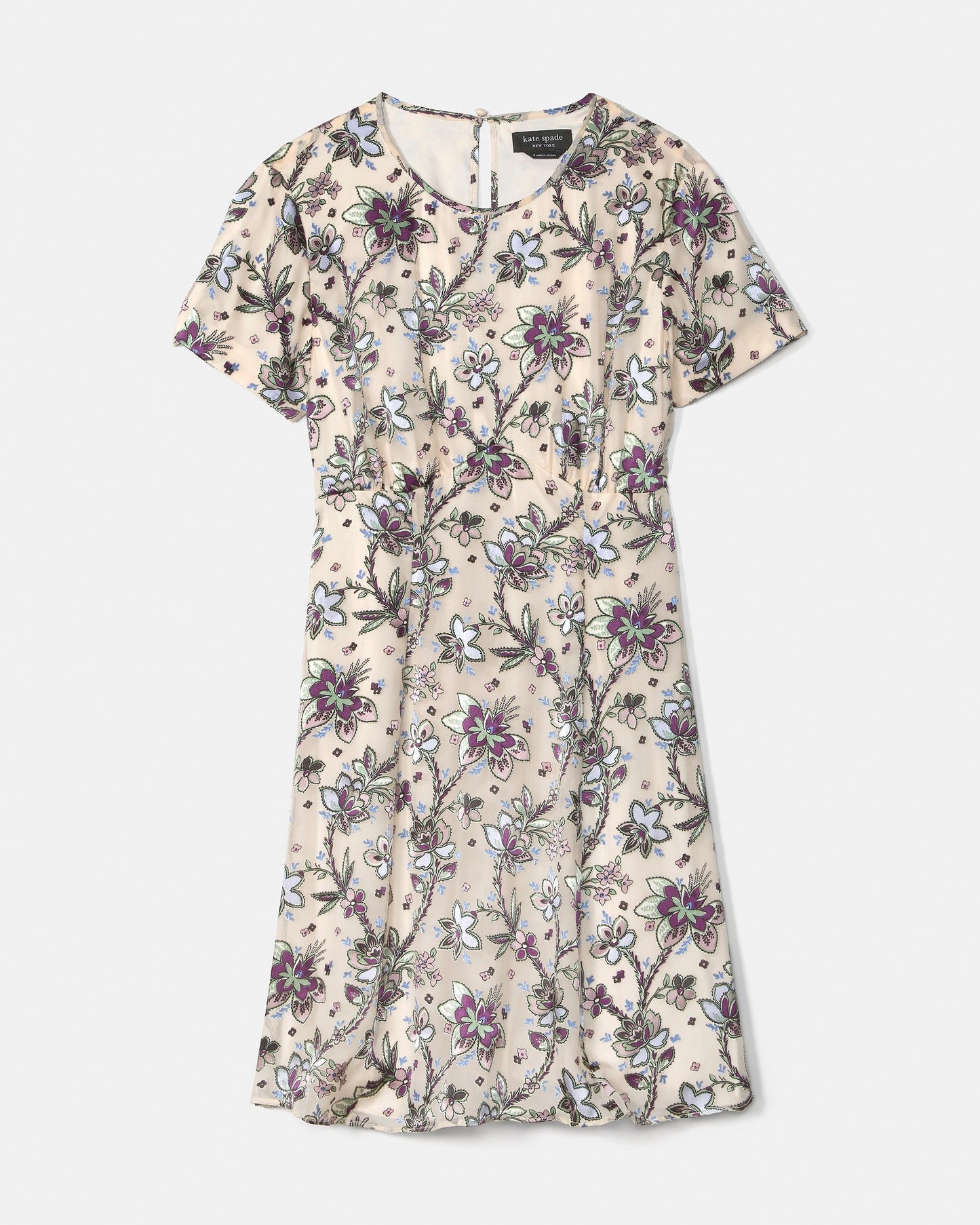 KN458-Satin Devore Empire Waisted Mini Dress-Parchment