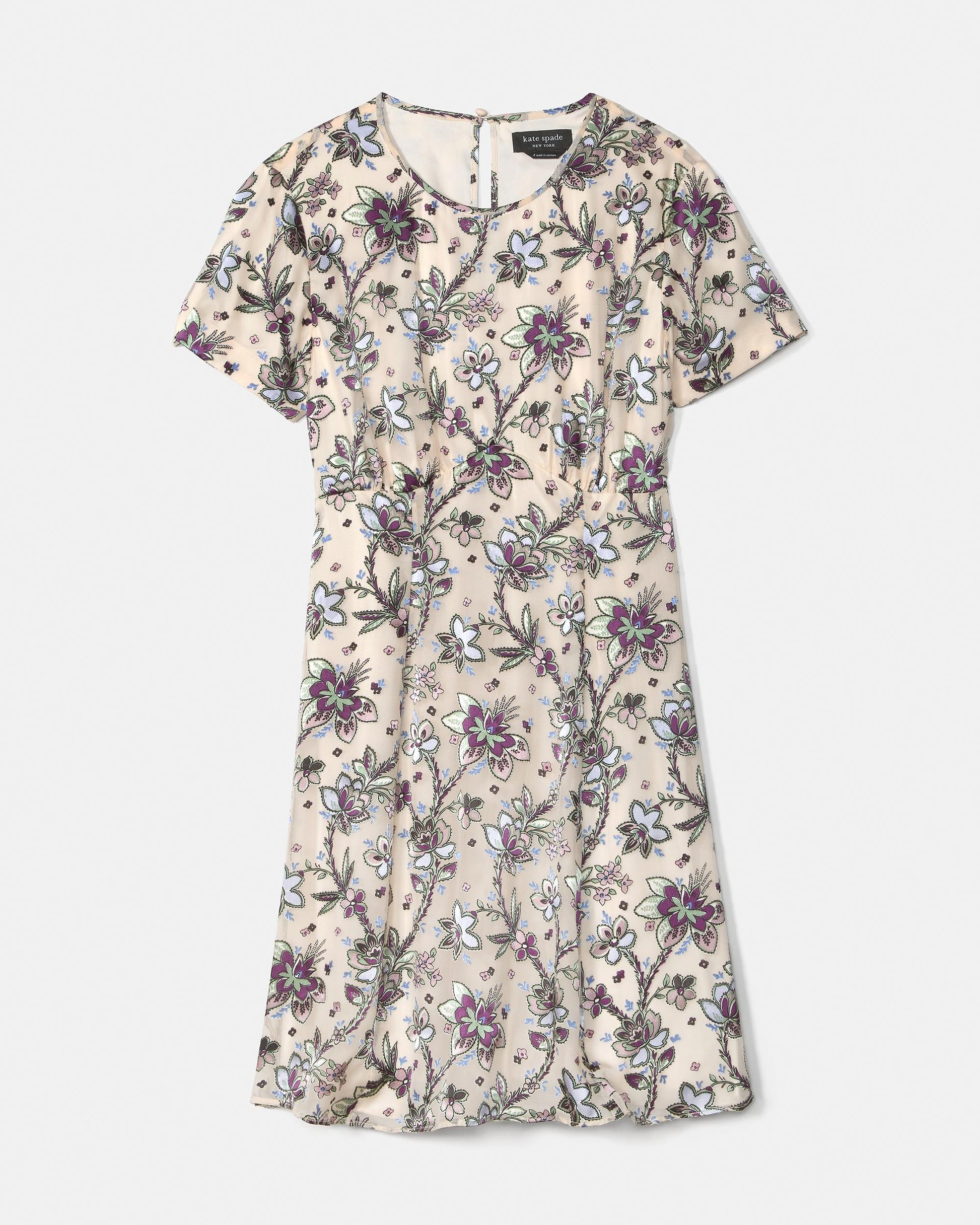 KN458-Satin Devore Empire Waisted Mini Dress-Parchment