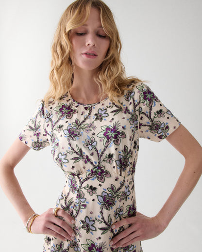 KN458-Satin Devore Empire Waisted Mini Dress-Parchment
