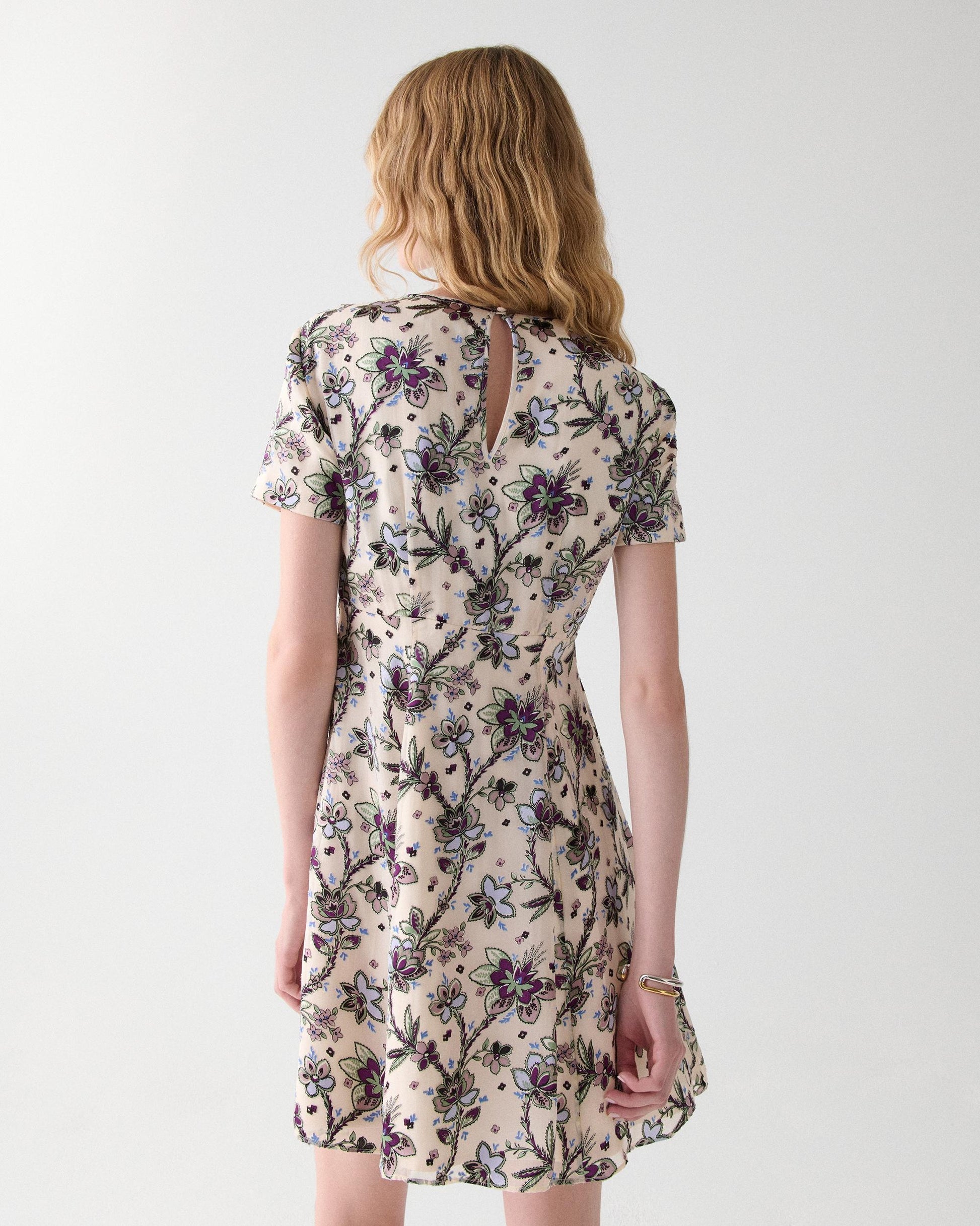 KN458-Satin Devore Empire Waisted Mini Dress-Parchment