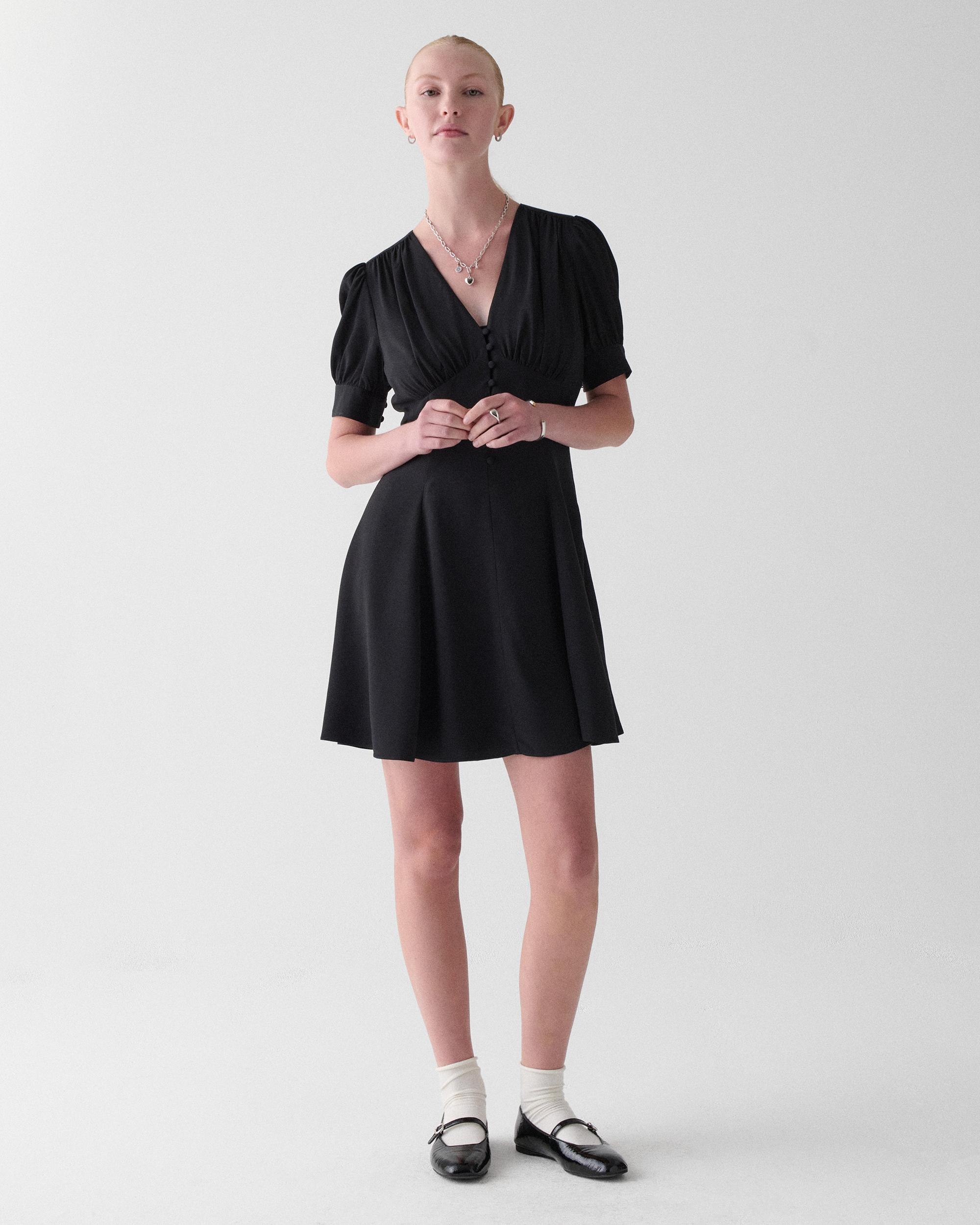 KN480-Fluid Puff Sleeve Mini Dress-Black