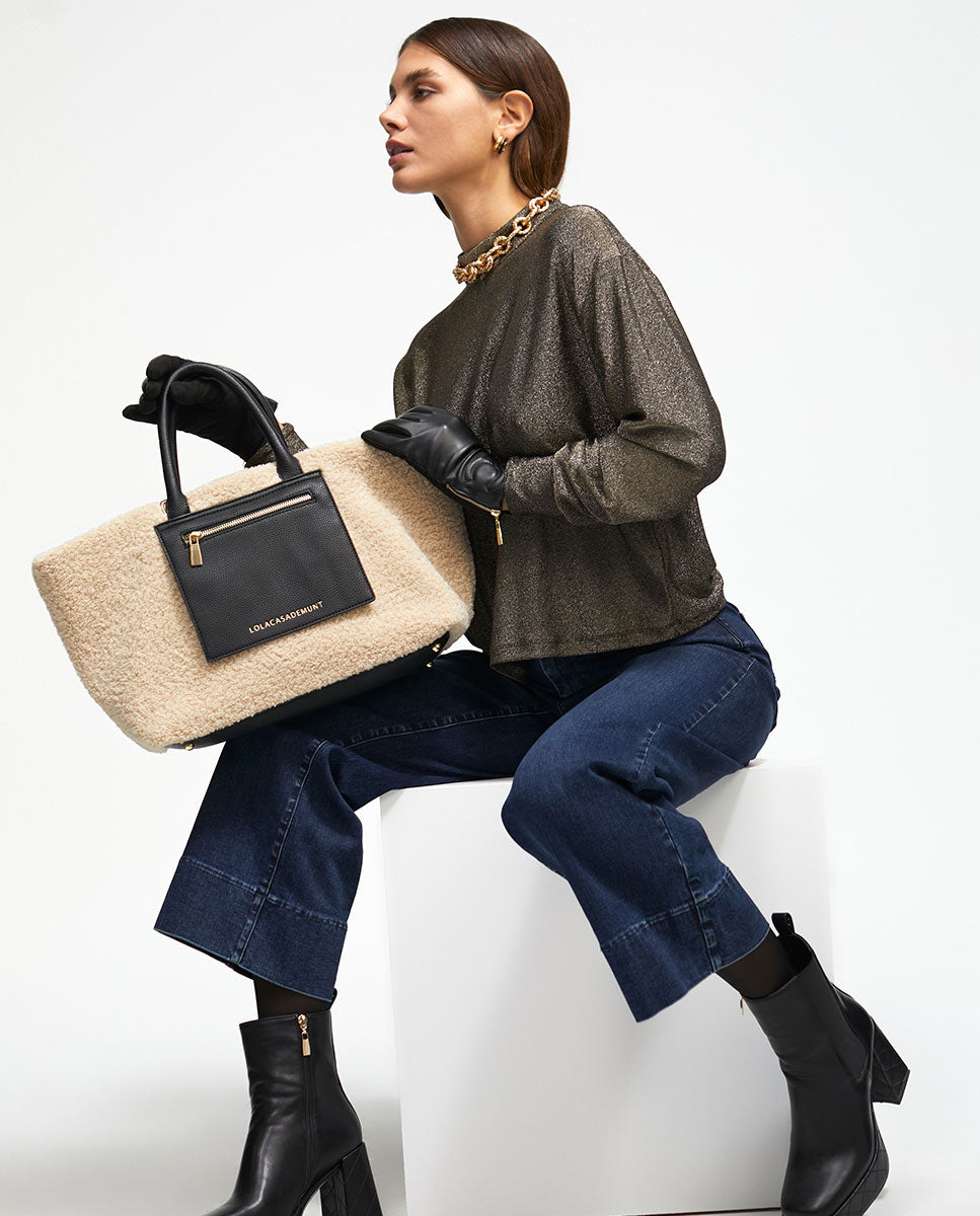 Faux shearling tote bag