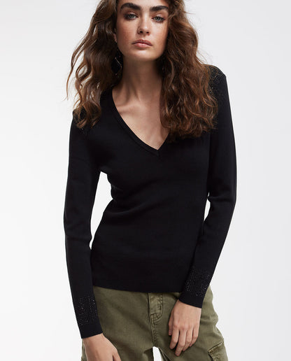 Knit sweater embellished with rhinestones
