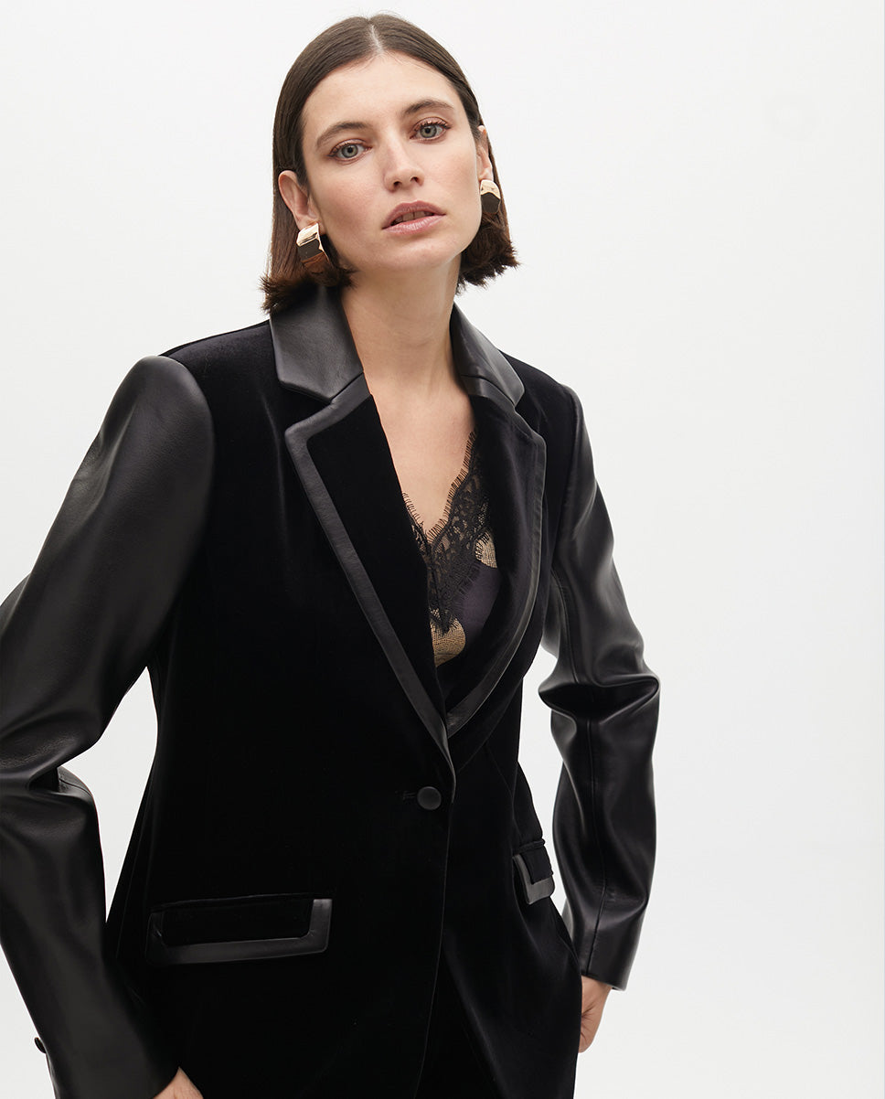 Tailored Velvet Blazer with Faux Leather Details