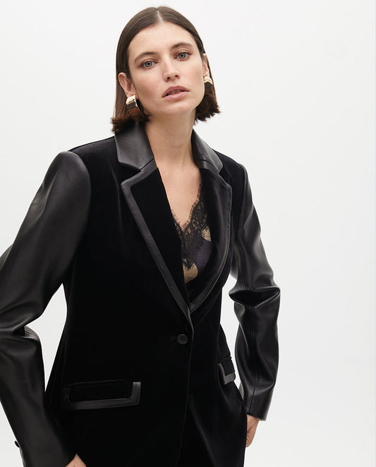 Tailored Velvet Blazer with Faux Leather Details