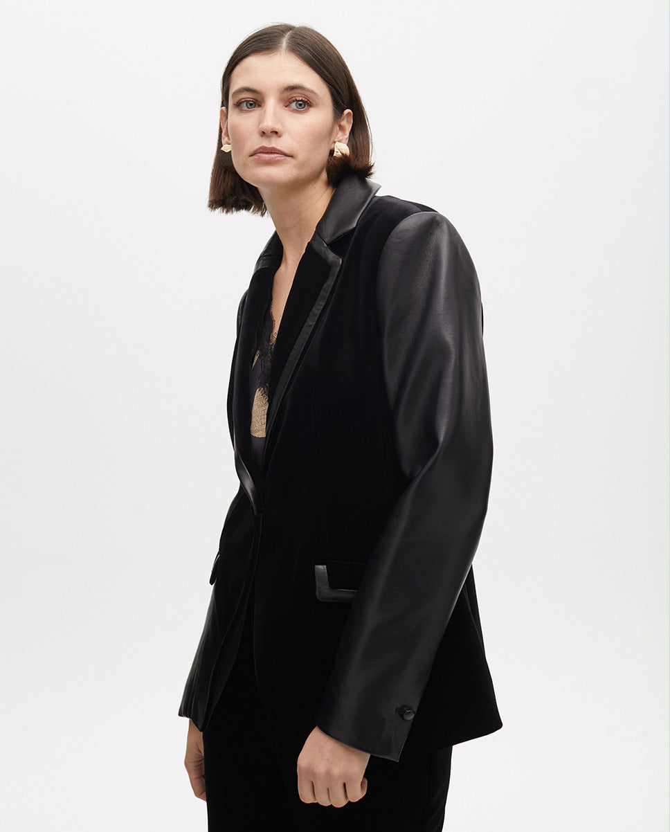 Tailored Velvet Blazer with Faux Leather Details