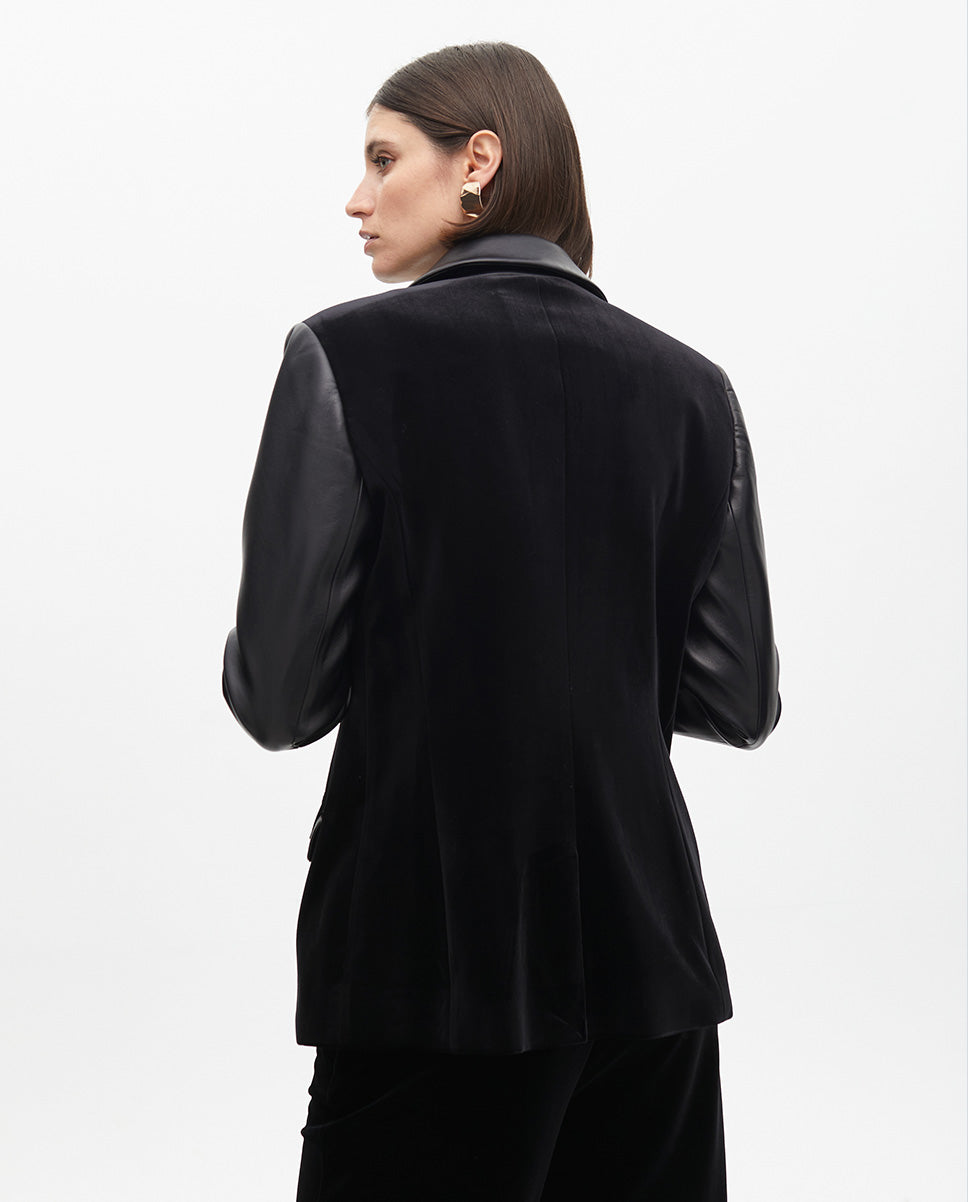 Tailored Velvet Blazer with Faux Leather Details
