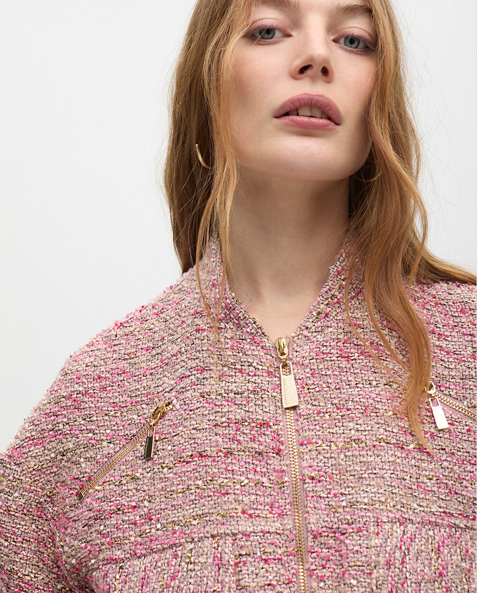 Tweed Pocket Zipper Bomber Jacket