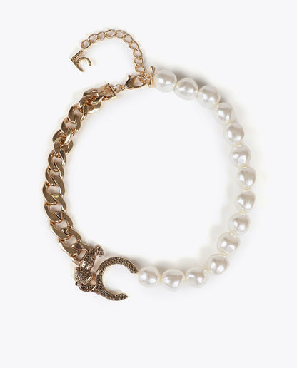 Short Leopard Logo Necklace with Chains and Pearls