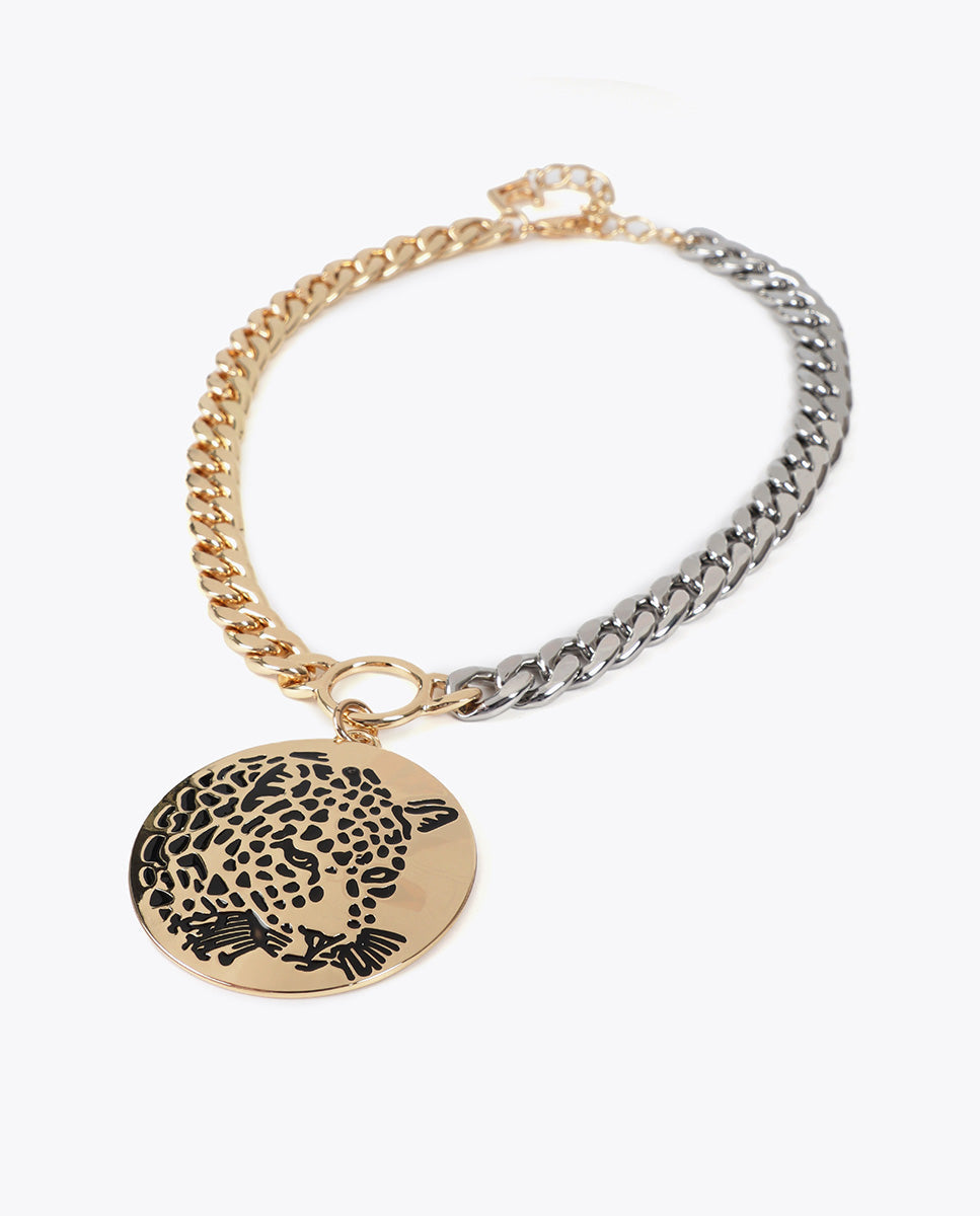 Combined Chain Necklace with Tiger Face Jewel Medallion