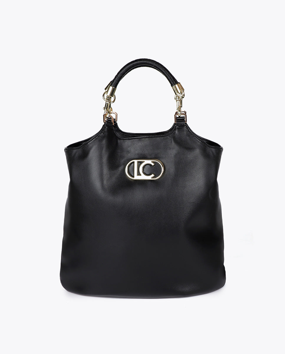 Faux Leather Shopper Bag with Braided Handle and Metal Details