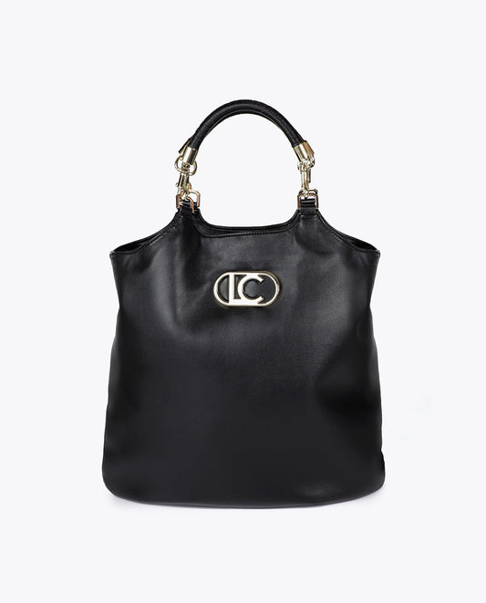 Faux Leather Shopper Bag with Braided Handle and Metal Details